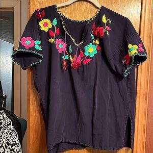 Hand Embroidered Navy Floral Women's Top